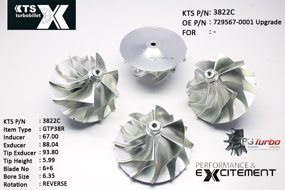 Turbo ROUE FORGÉE MFS PERFORMANCE - 6+6 PALES - INDUCER : 67 - EXDUCER : 88,04 - TYPE : GTP38RANGLE : 60° - ROTATION : Reverse - SUPER BACK : 4,64 - BORE SIZE : 6,35
